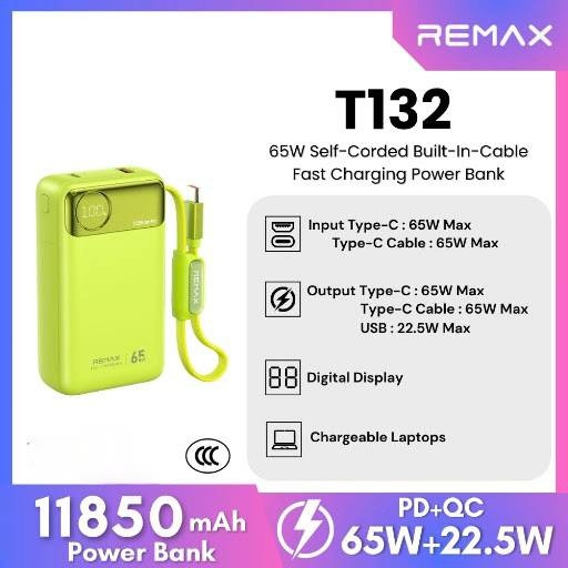 پاوربانک 11850 میلیآمپر ریمکس مدل T132 فست شارژ 65 وات با کابل تایپسی متصل و نمایشگر دیجیتال LED