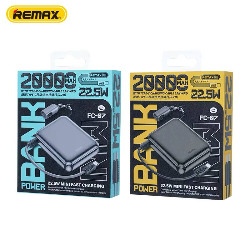 **پاوربانک 20000 میلی‌آمپر ریمکس مدل FC-07 مینی فست شارژ 22.5 وات با کابل تایپ‌سی و بند حمل**